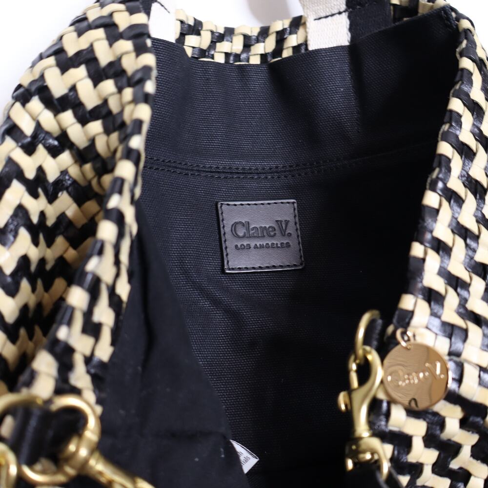 CLARE V. Bateau Leather Convertable Tote Bag Black and Cream Woven Zig Zag - Picture 9 of 9